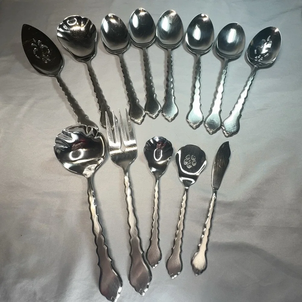 ONEIDA CELLO Serving Set 13 Casserole Pierced Pie Gravy Sugar Jelly Solid Spoons
